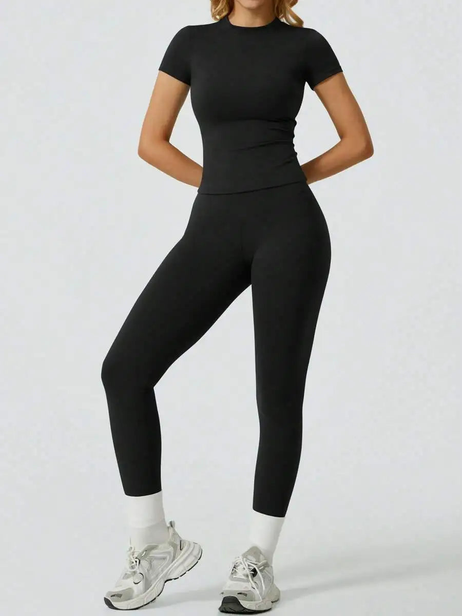 2 Piece Yoga Set Women Short Sleeve Top High Waist Leggings Gym Workout Clothing Tummy Control Fitness Sportswear Activewear Sui