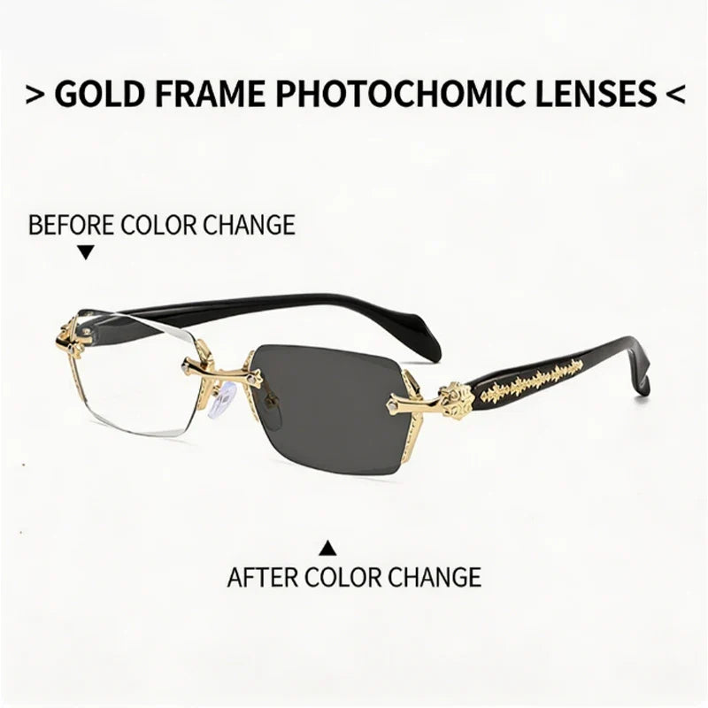 Unisex Rimless Business Glasses for Myopia, Featuring Metal Frames and Photochromic Lenses; Suitable for Daily Office Wear.