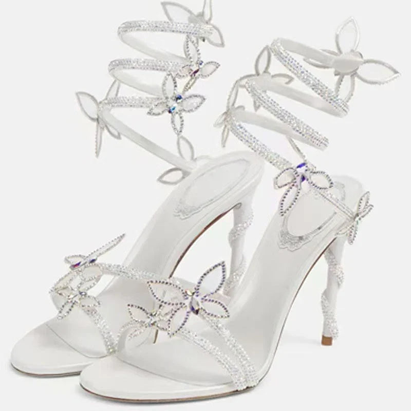 Aneikeh Sexy CRYSTAL Flower Narrow Band Ankle Strap Sandals Woman Thin High Heels Street Style  Pole Dancing Ladies Shoes