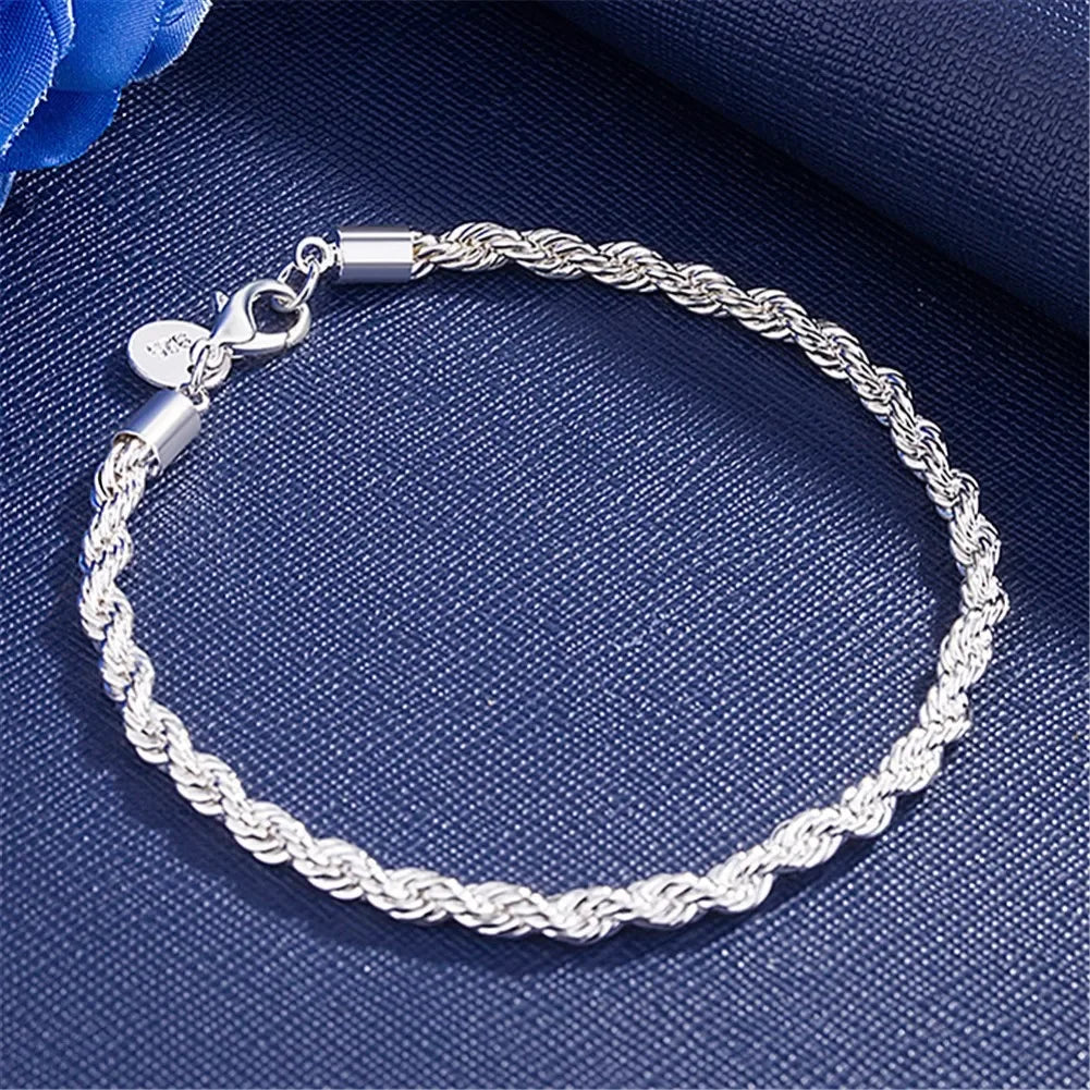 925 Sterling Silver Bracelet 4mm20cm Flat Side Chain Lobster Clasp for