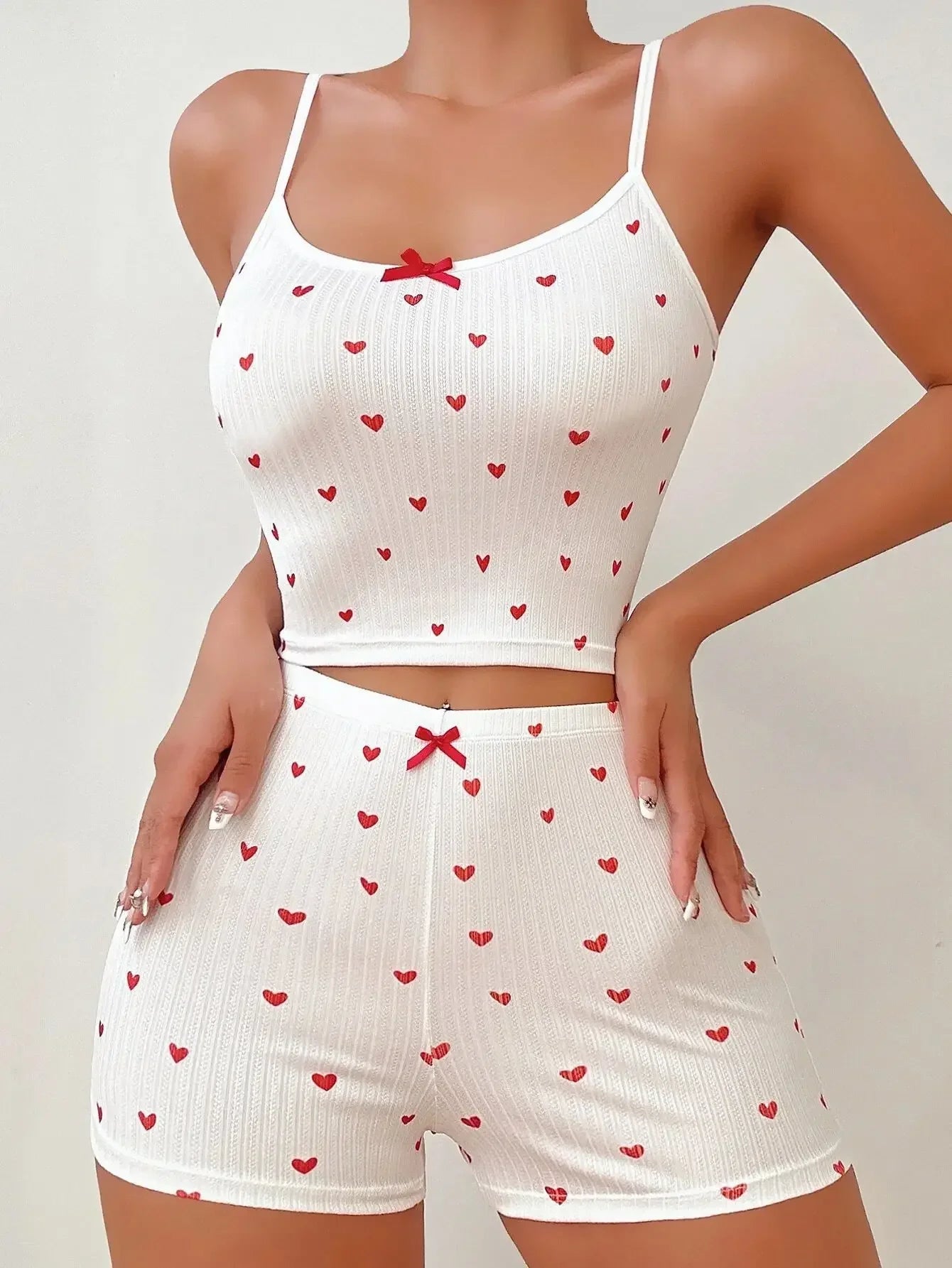 Women Summer Pajamas Sleepwear Heart Print Casual Backless Crop Cami Top & High Waist Shorts 2 Pieces Set Loungewear