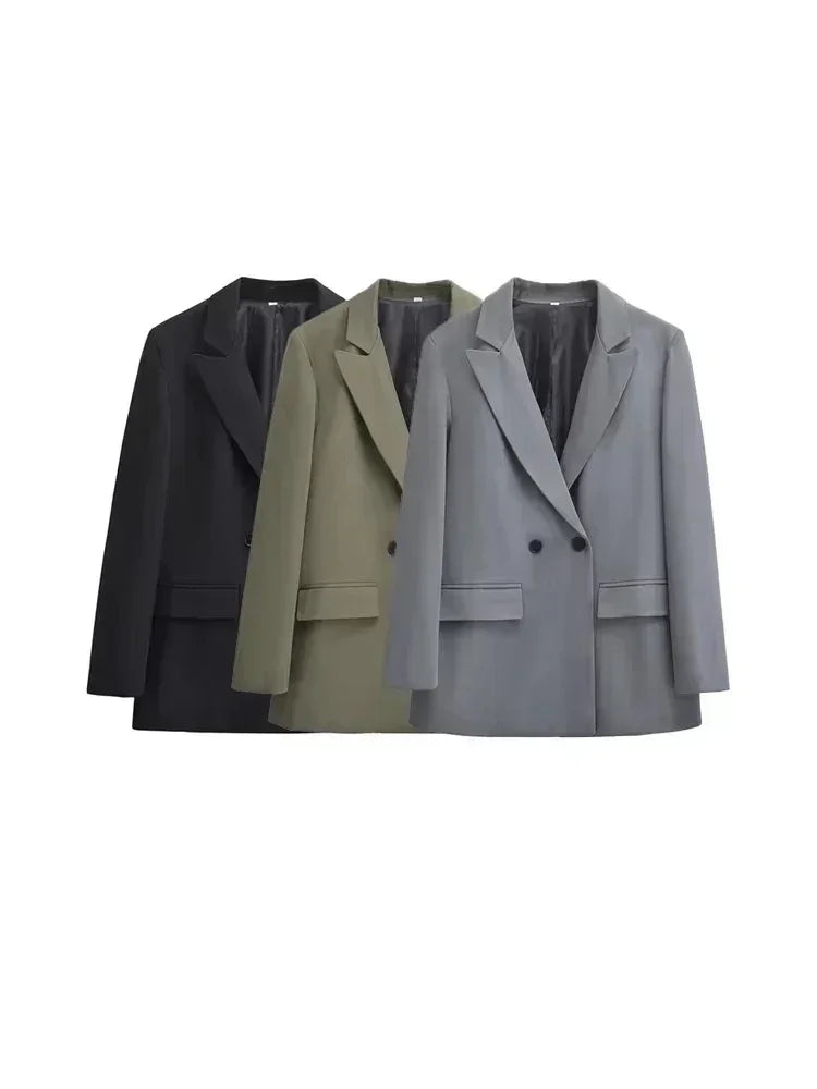 TRZA-Abrigo Blazer Cruzado para Mujer, Ropa de Oficina, Manga Larga, Bolsillos con Solapa, Prendas de Abrigo Femeninas, Blusas Elegantes, Moda