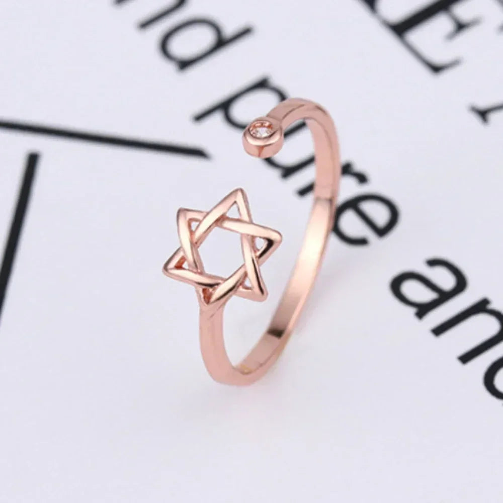 YILUOCD Hollow Hexagon Zircon Jewish Ring for Women Magen Star of David Adjustable Rings Promise Jewelry Gift