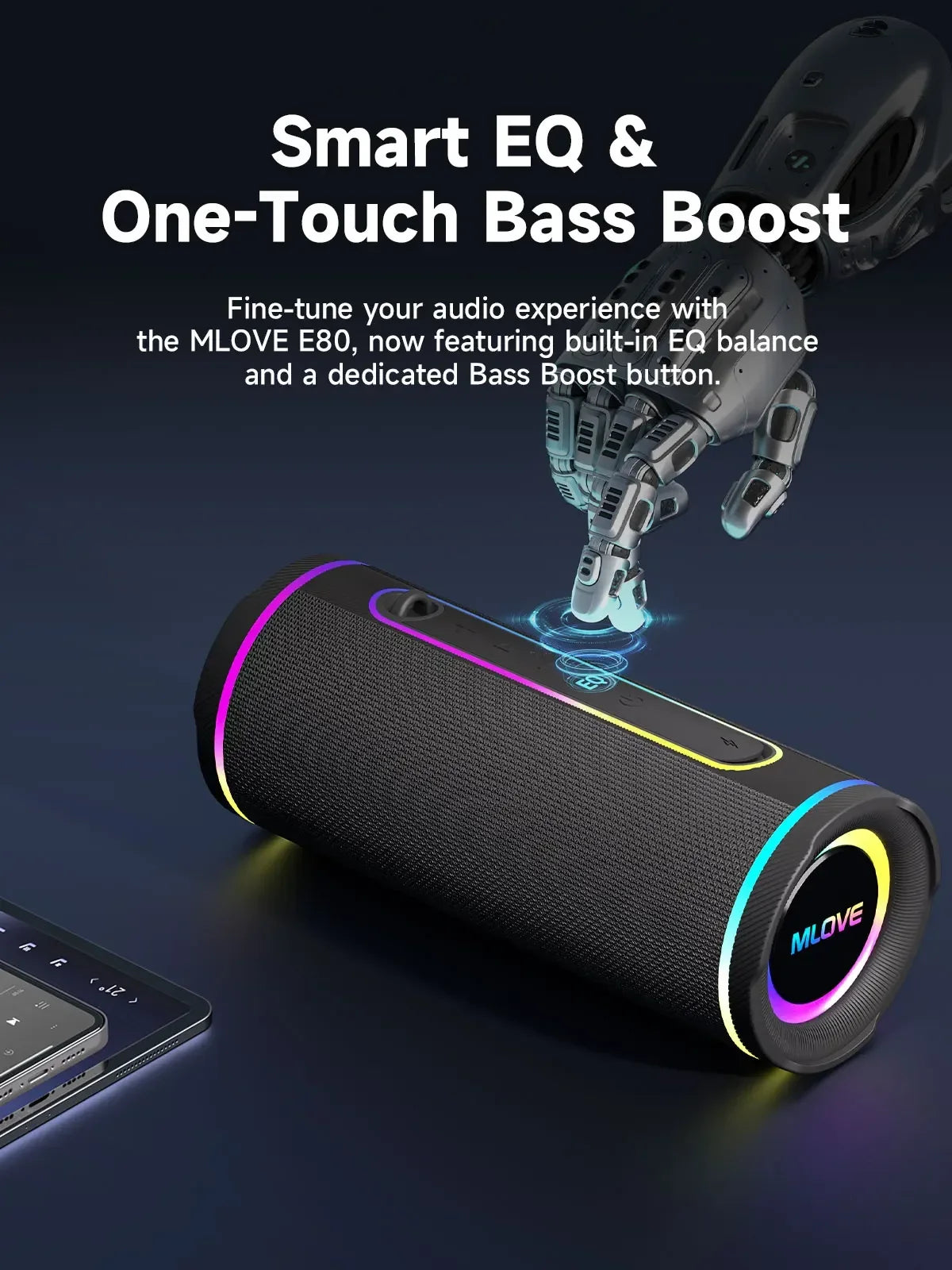 MLOVE E80 Portable Bluetooth Speaker – Powerful Dual Sound, Colorful RGB Lighting, Fully Waterproof (IPX7), TWS Enabled