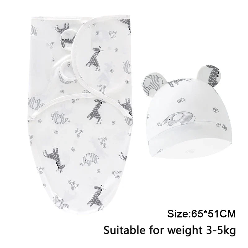 Baby Blanket Hat Set Cartoon Printed Cotton Newborn Swaddle Adjustable