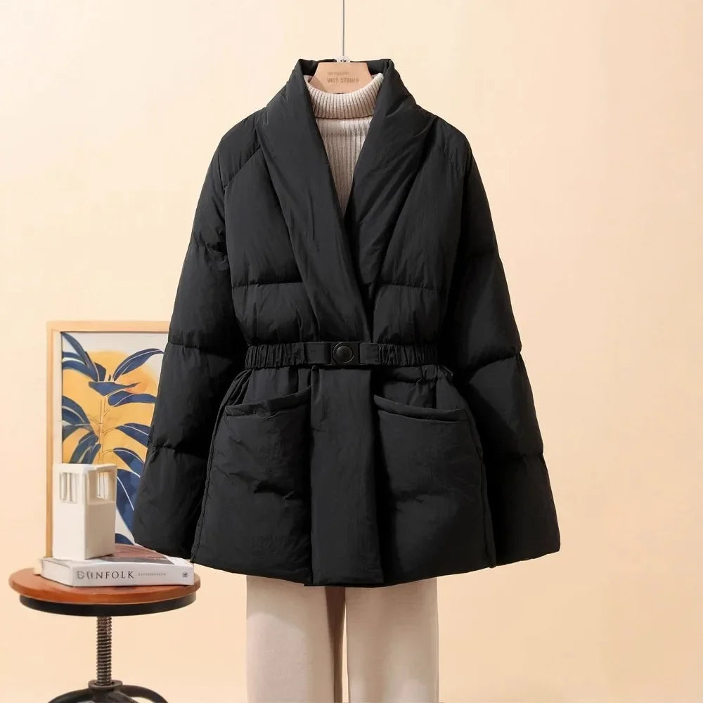 New Fashion Temperament Cotton Coat Women Winter Warm Solid Color V-neck Gathered Waist Jacket Coats Parkas with Belt