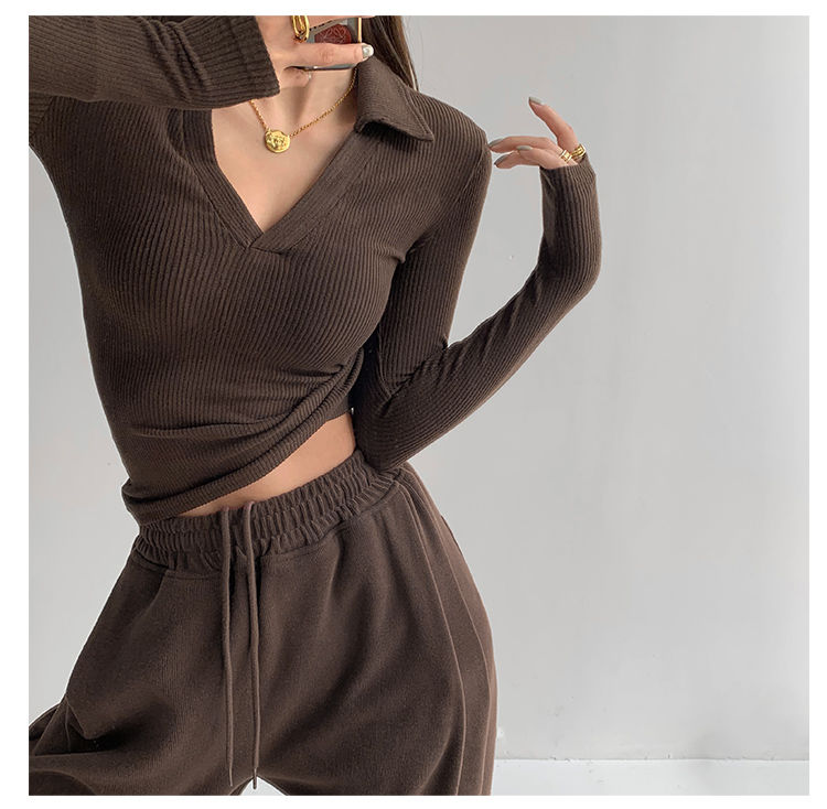 Sexy V-Neck Slim Fitness Women's T-Shirt Long Sleeve Polo Shirt Woman High Waist Cropped Tops