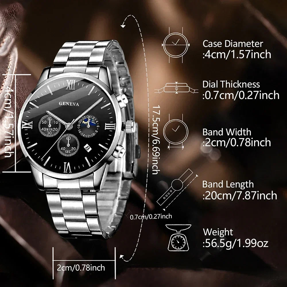 4PCS Men's Watch Set Fashion Trend Business Quartz Watch Cross Pendant Necklace Ring Bracelet Jewelry Set Perfect Gift for Him