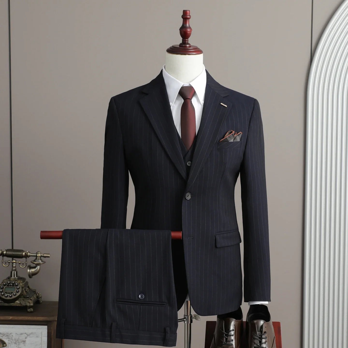 A Stylish and Cool Striped Casual Business Three-Piece Suit Set for