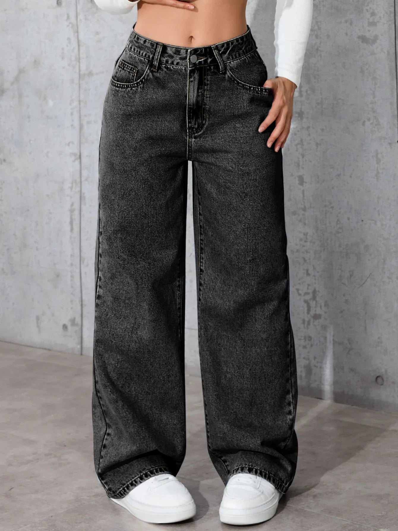 Fashion Solid Color High-Waisted Straight-Leg Jeans Women Loose Pockets Jeans Suitable Daily Casual Jean