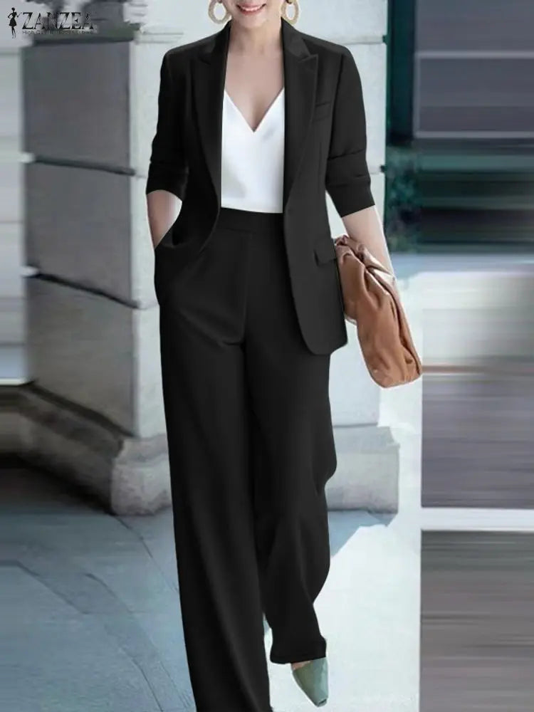 ZANZEA 2026 Spring Outfits Office Women 2 Piece Sets Stylish Lapel Long Sleeve Blazer Coats Pant Sets Elegant OL Work Tracksuit