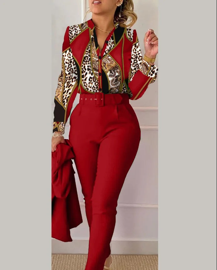 Women Shirt Pants Set Autumn Elegant Fashion V Neck Floral Print Long Sleeve High Waist Office Lady Casual Trousers Suits