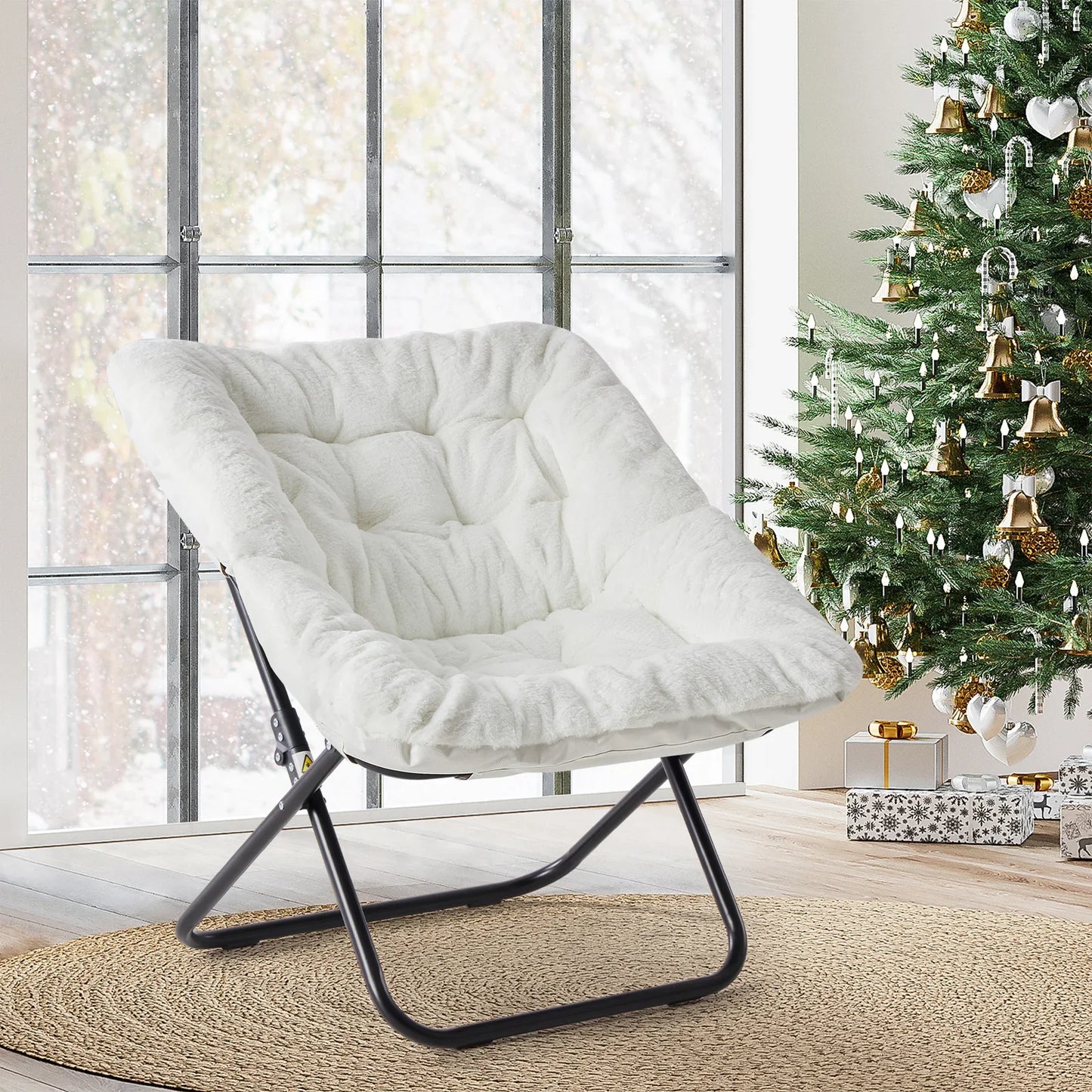 JHK Cozy Saucer Chair Soft Faux Fur Folding Lounge Chair Padded Metal Frame