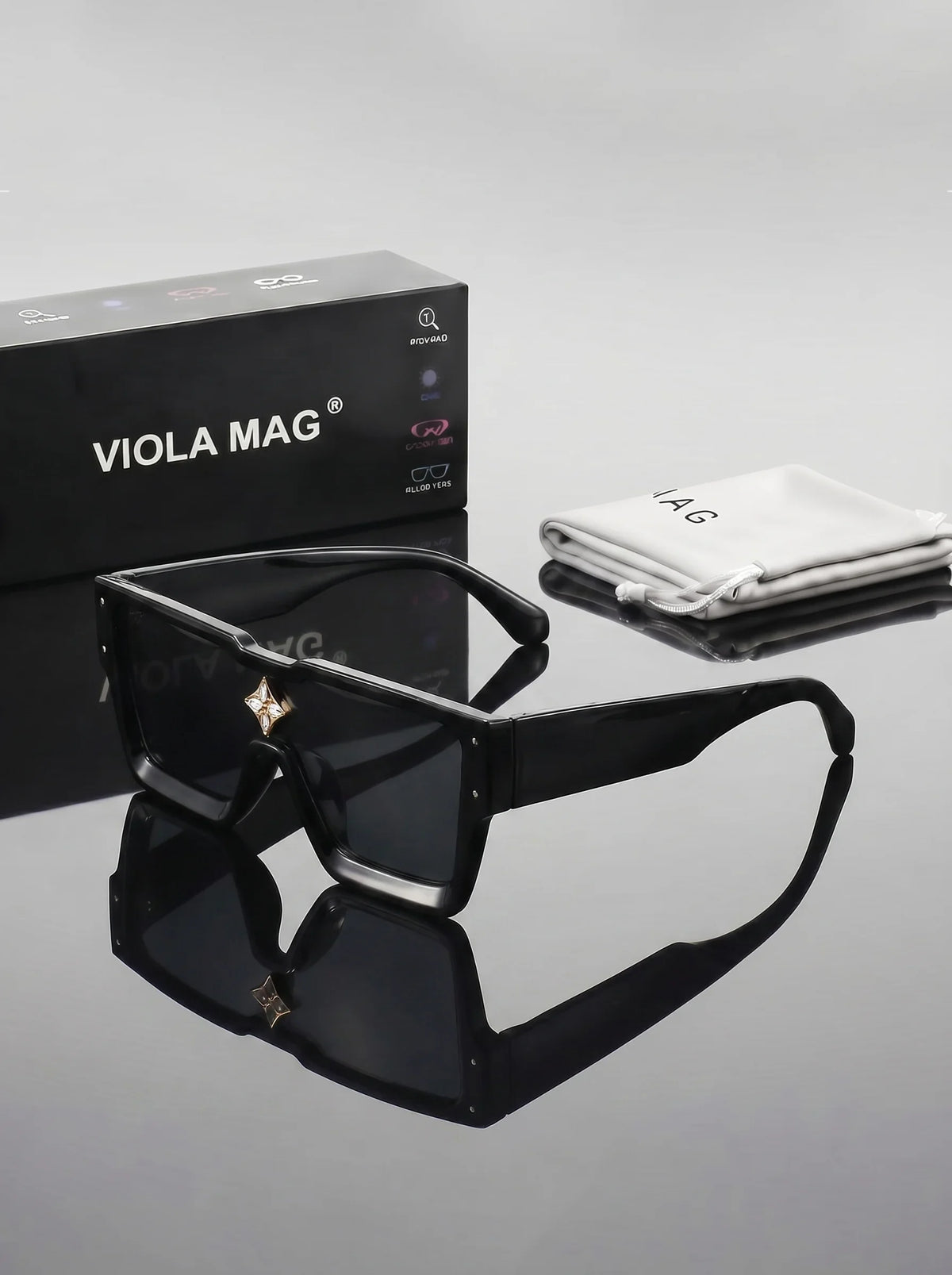 VIOLA MAG Fashion Diamond Set Large Frame Sunglasses, Simple Square Integrated Glasses, Unisex for Travel, with Glasses Bag
