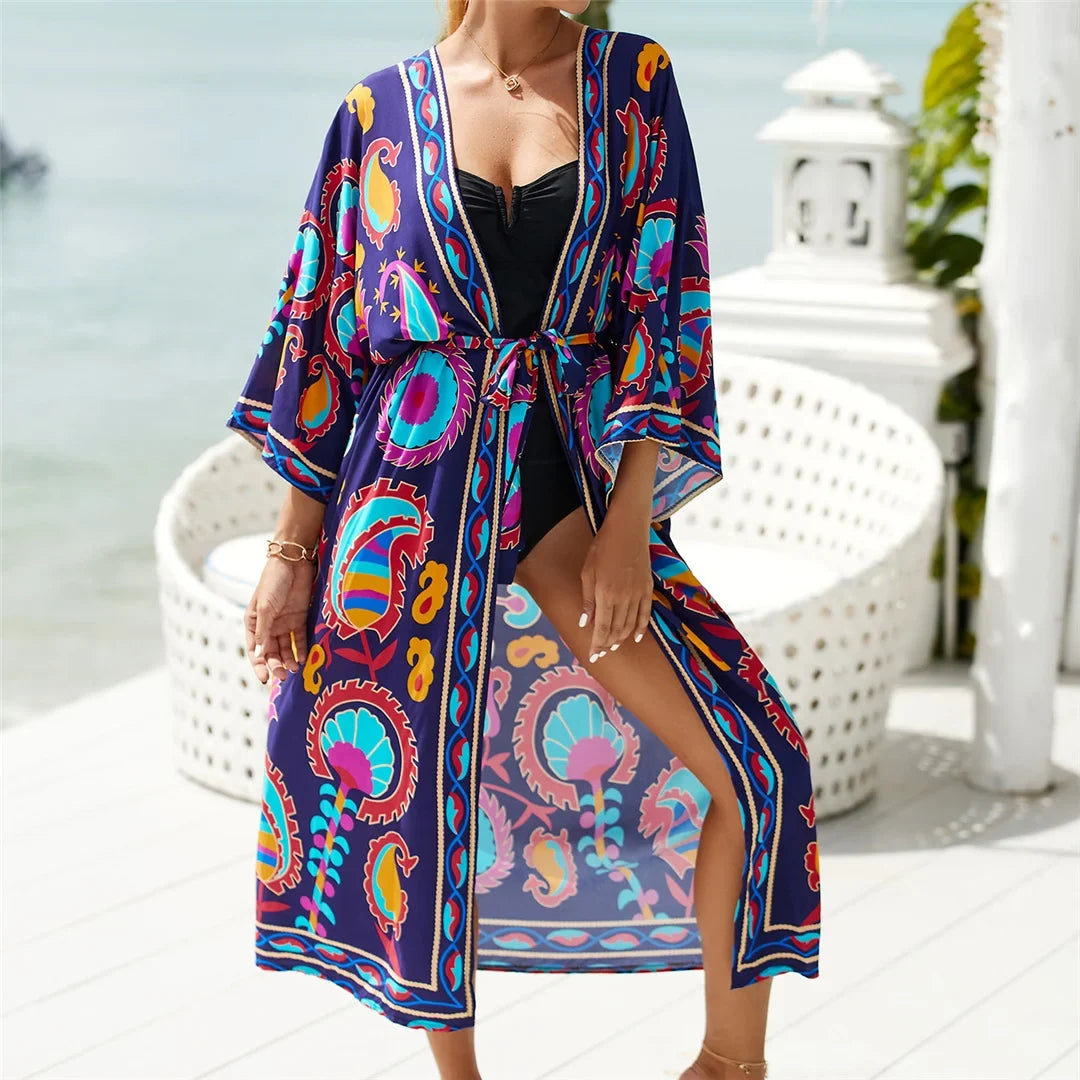 13 Colors Printed With Belt Crochet Knitted Tunic Beach Cover Up Cover-ups Beach Dress Beach Wear Beachwear Female Women K7201