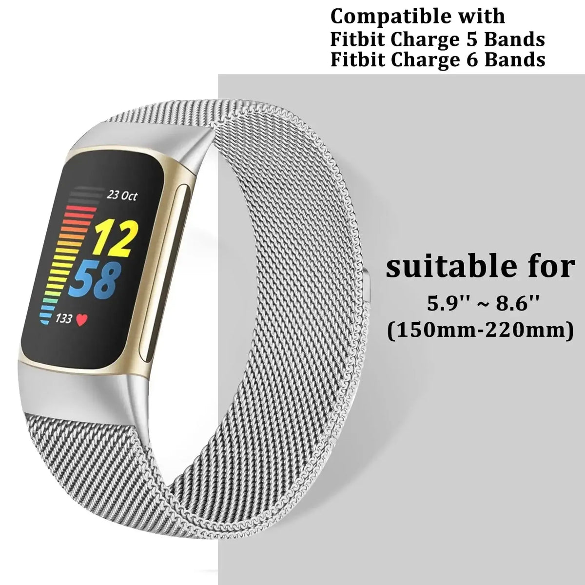 Fitbit Charge 5 & 6 Magnetic Milanese Mesh Band, Stainless Steel