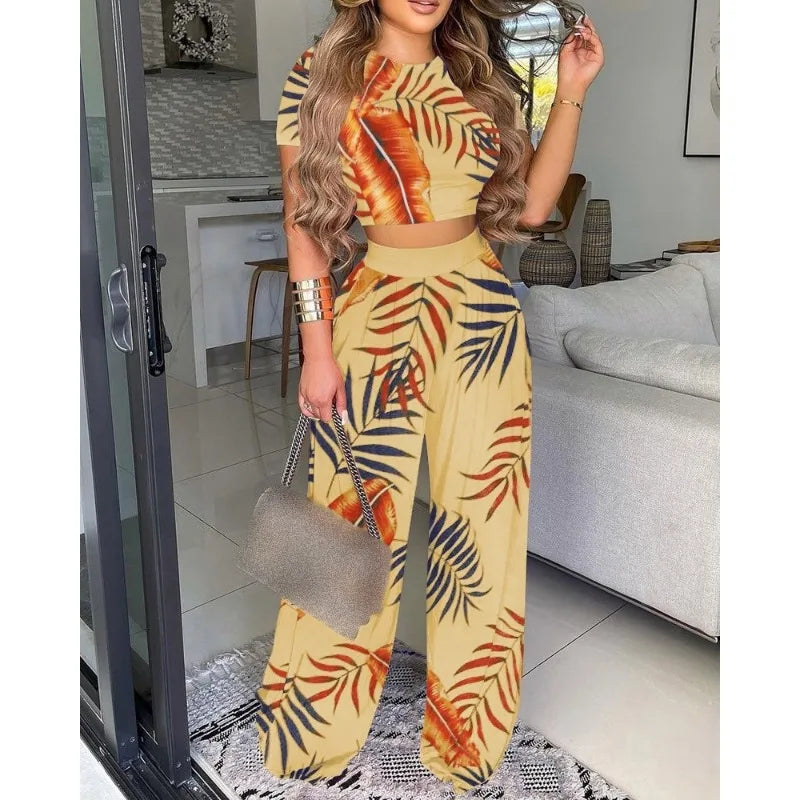 Spring Summer Flower Print Slim Suit Women Sexy O-Neck Short Sleeve Short T-shirt Top High Waist Wide Leg Pants Trousers Suit