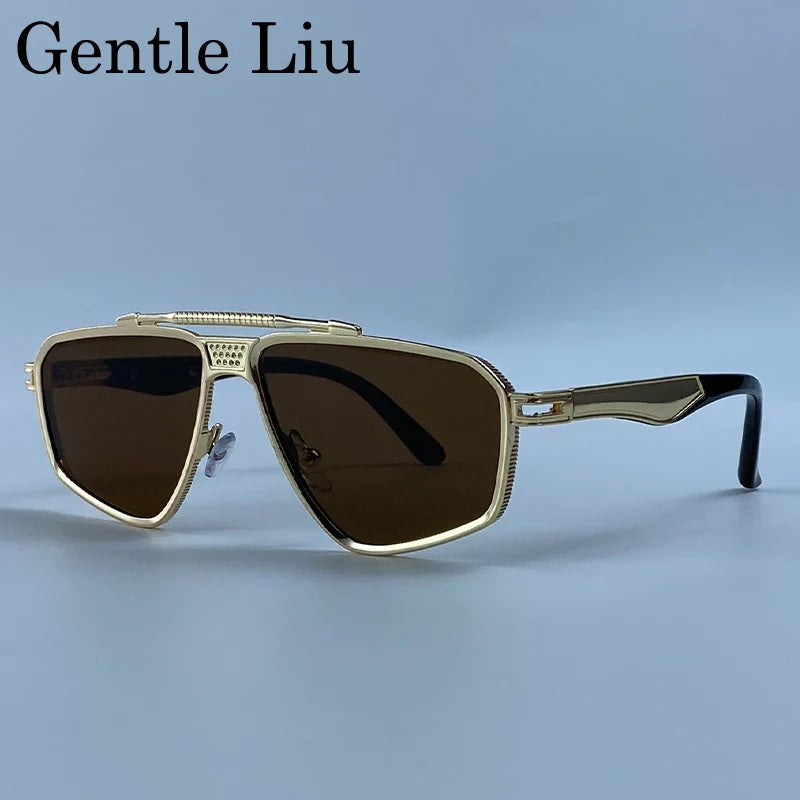 Steampunk Polygon Sunglasses Men 2026 Luxury Brand Designer Metal Frame Square Double Bridge Sun Glasses Vintage Driving Shades