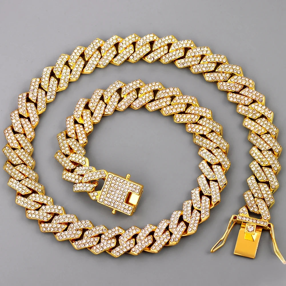 14mm Iced Out Prong Cuban Link Chain Necklace for 2 Row Rhinestone