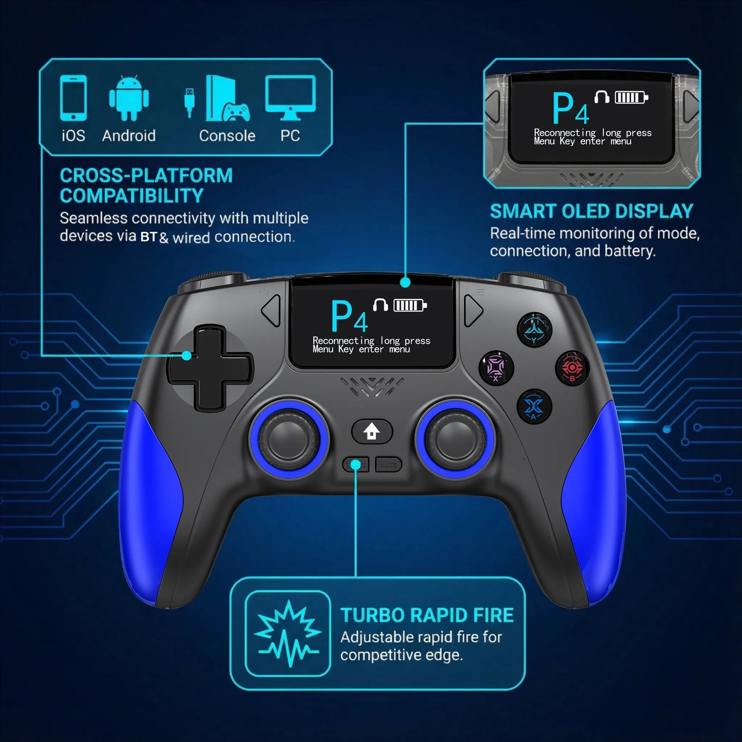 Smart Screen Wireless Game Controller, PS4 Gamepad with Customizable Display,  Compatible with IOS Andriod Table  Steam Switch