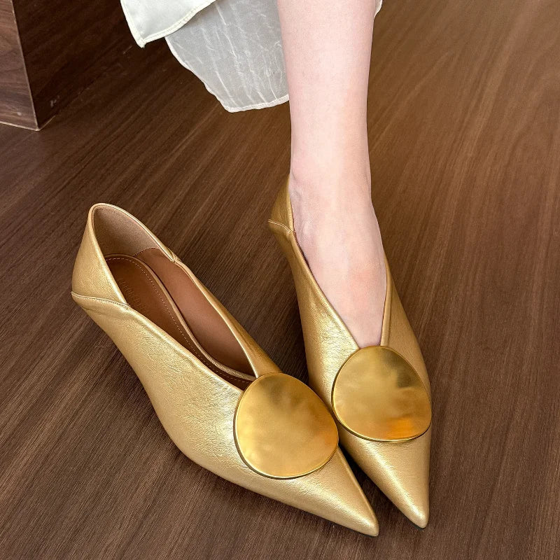 2025 Autumn New Brand Women Pumps Shoes Fashion Gold Metal Shallow Slip on Single Shoes Thin Low Heel Dress Pumps