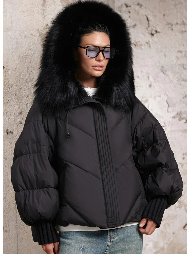 Women Winter Goose Down Jackets Real Fox Fur Collar Hooded Thick Natural Raccoon Fur Female Outwear Warm Loose Puffer Coats