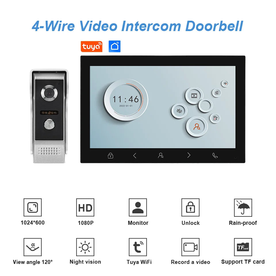 10 Inch IPS Screen Tuya APP 4wire WIFI Video Door Phone Intercom