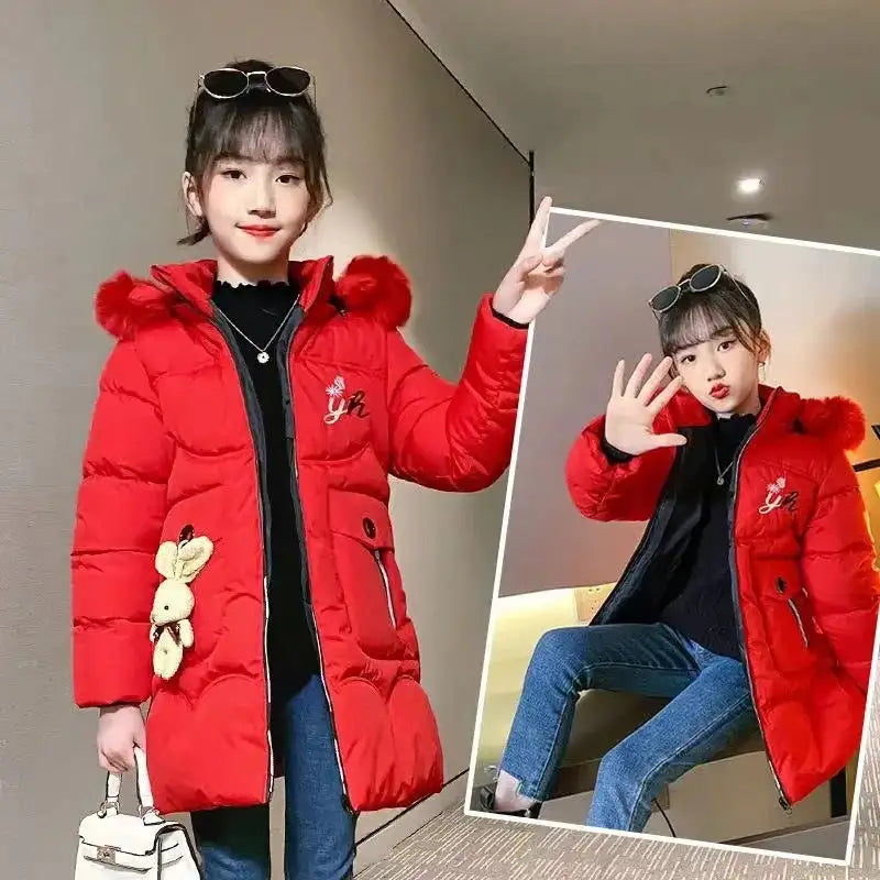 4 Color Big Size Winter Keep Warm Long Style Girls Jacket Teenage Thick Heavy Cold-proof Hooded Windbreaker Coat For Kids