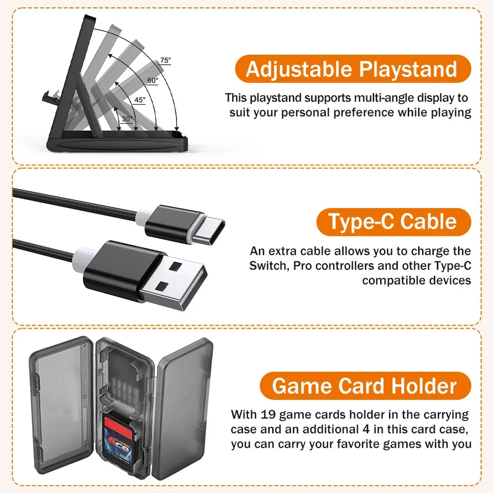 Nintend Switch pouch Kit For NS Switch with Protective Case Cover for Console & J-Con, Screen Protector, Adjustable Stand
