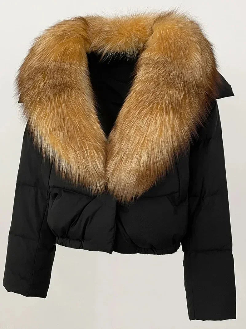 Down Jacket Women Short Puffer Jacket Thick New Big Natural Real Fox Fur Coat  Autumn Winter Female White Duck Down Coat Feather