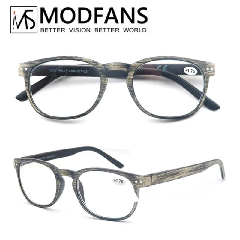 MODFANS Wood Look Reading Glasses Men Women Round Sun Readers Eyeglasses Frame Vintage Spring Hinge with Diopter +0.5 to +5.0
