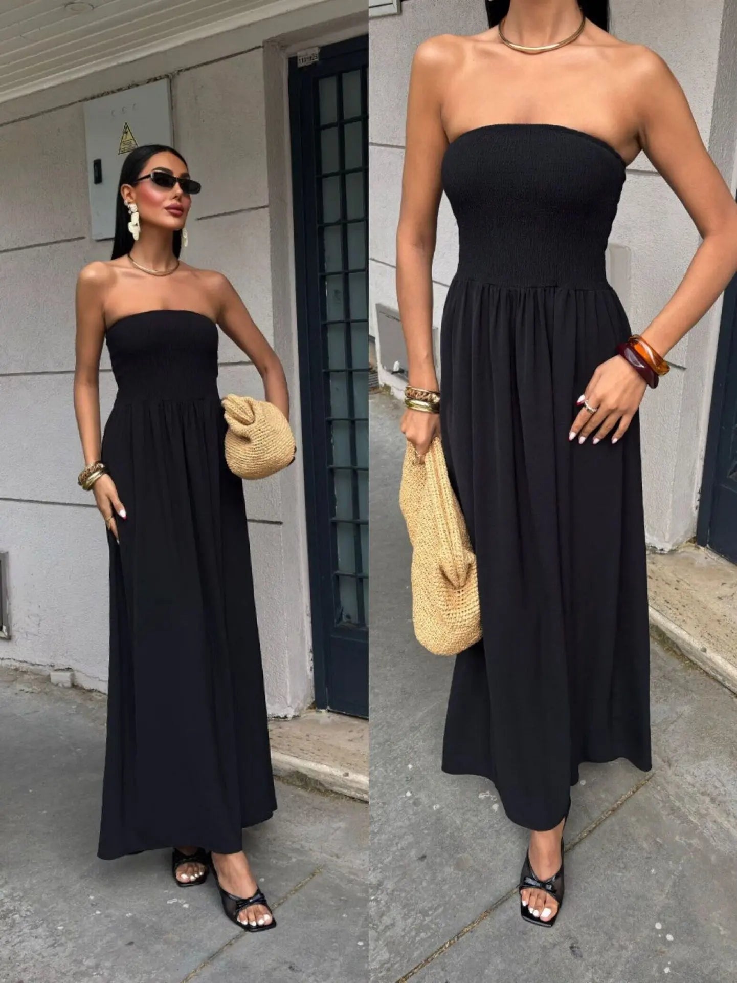 New Summer Fashion Solid Color Off-Shoulder Strapless Waist-Cinching