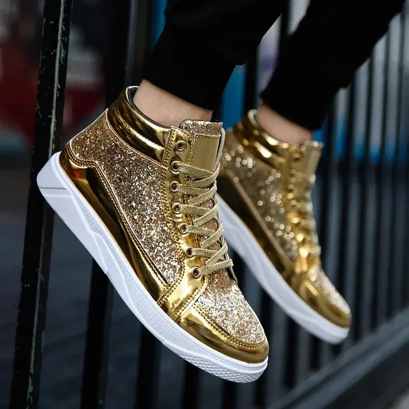 Men's Gold Sequins Platform Boots Autumn Fashion Casual Sports Shoes Thick Bottom Vulcanized Shoes Man Flats Heels Shoes Hombres