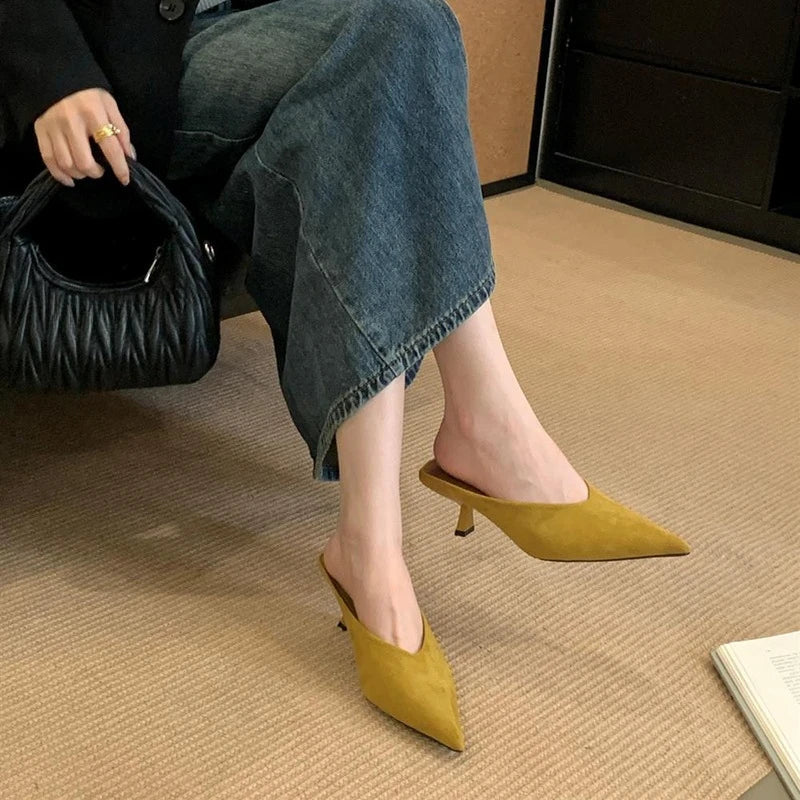 Summer Fashion Thin Mid Heels Women Slippers Elegant Pointed Toe Party Dress Mule Slides Shoes Zapatos Mujer