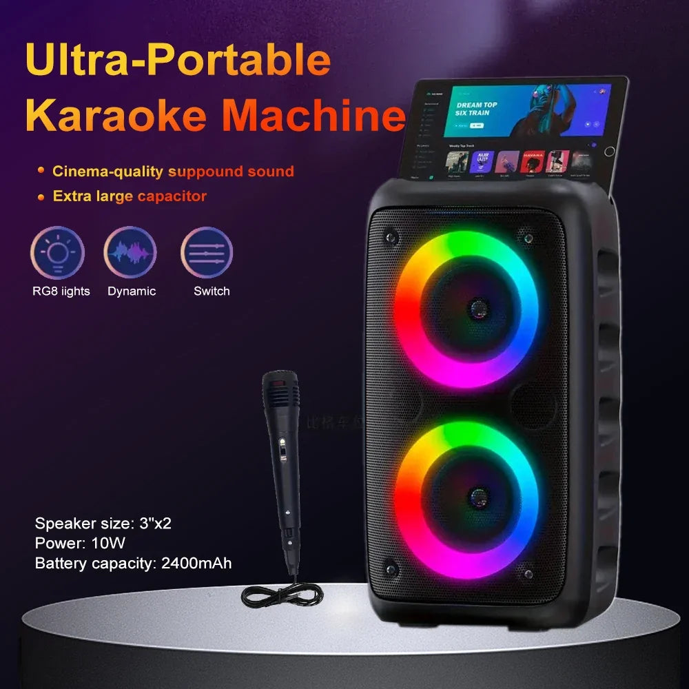 ZNLYRION HY-3317 Portable Bluetooth Karaoke Speaker Dual 3 Inch 10W RGB Ring Light TWS Wireless Stereo Speaker With Wired Mic 2400mAh Rechargeable Battery