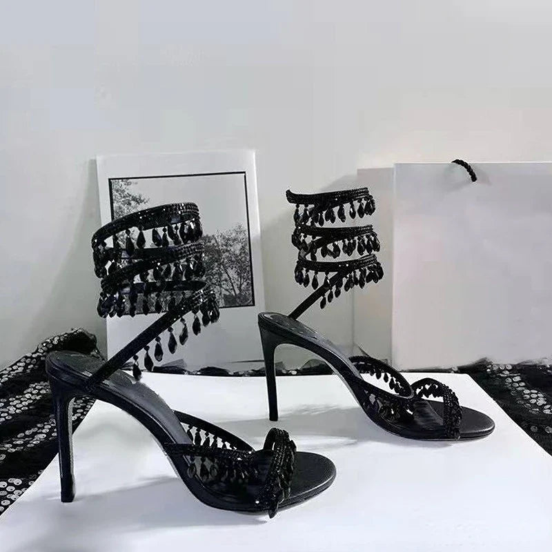 2023 Summer Crystal Pendant Twine Sandals Rhinestone High Heels 10cm Open Toe Women Shoes Party Wedding Bridal Shoes Size 34-43