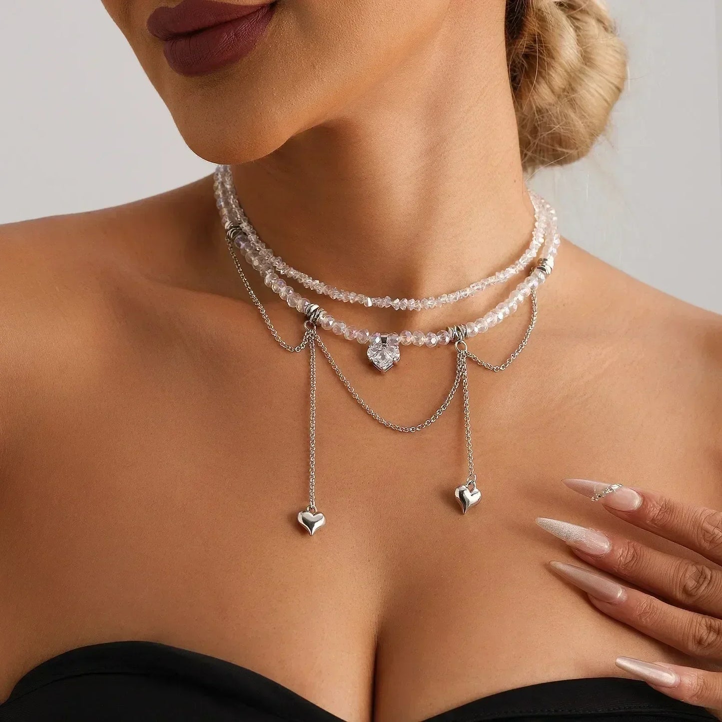 Fashion Heart Beaded Necklace for Women Boho Elegant Irregular Crystal Chain Y2K Choker Exquisite Party Gift Jewelry Accessories