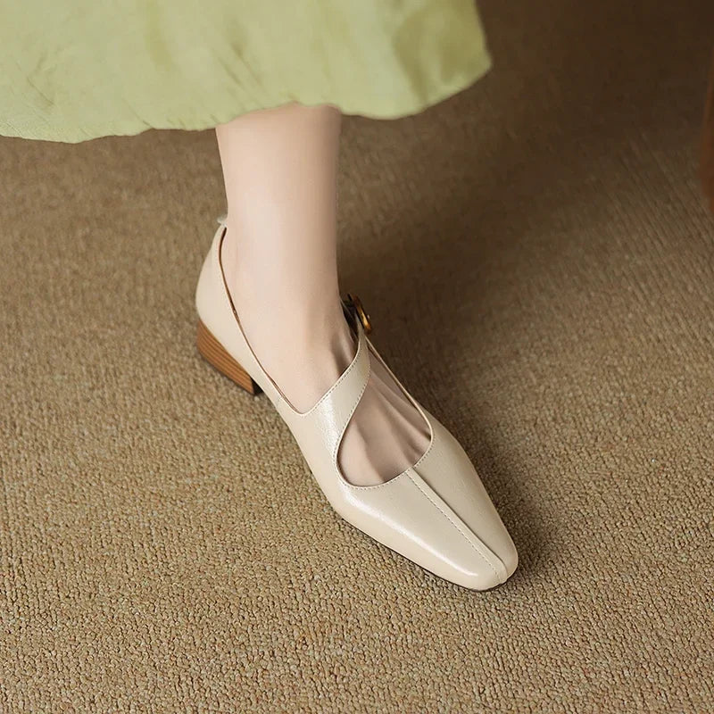 2026 New Spring Women Pumps Square Toe Chunky Heel Genuine Leather Women Shoes Shallow Metal Buckle Strap Mary Janes Ladies