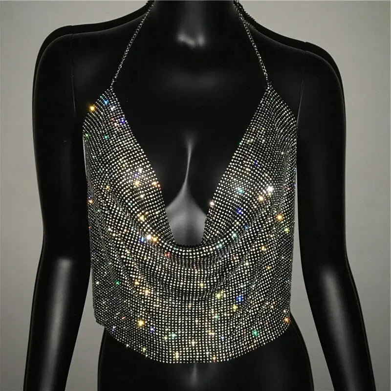 Festival Brilliant Rhinestone Backless Party Crop Top Women 2025 Summer Glitter Evening V Neck Diamonds Metal Tank Tops