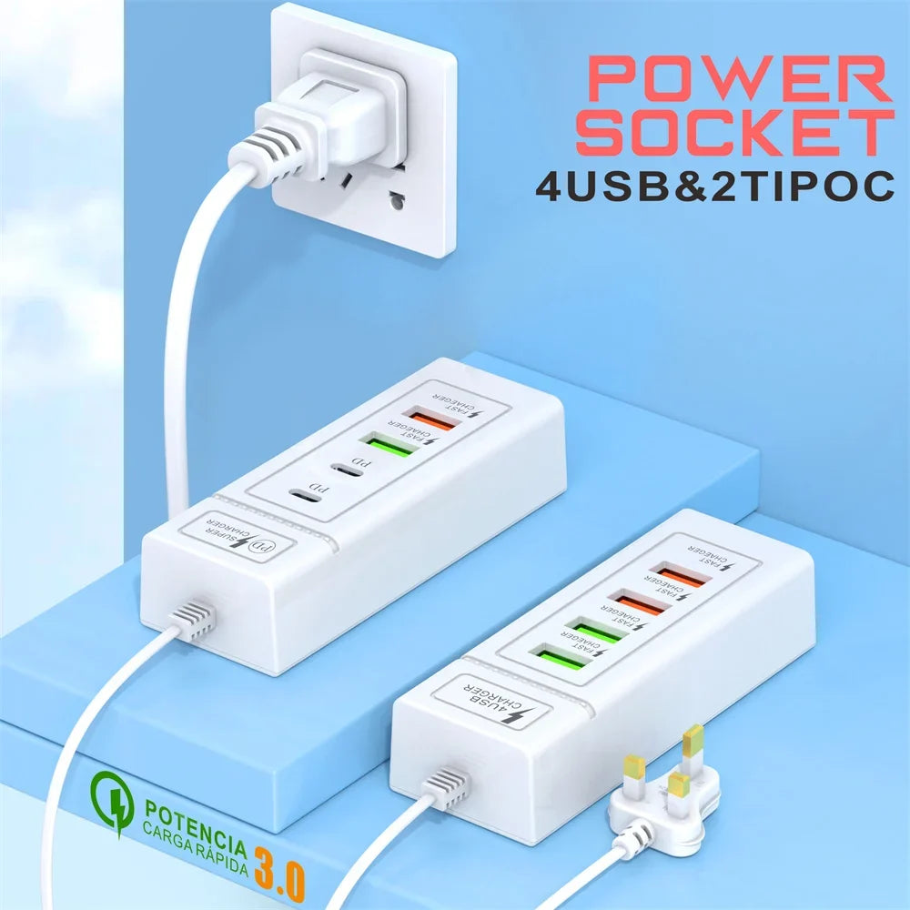 Multi Ports USB C Charger Power Strip PD Type C Fast Charging Wall Charger Socket Quick Charge 3.0 EU/US/UK Plug Power Adapter