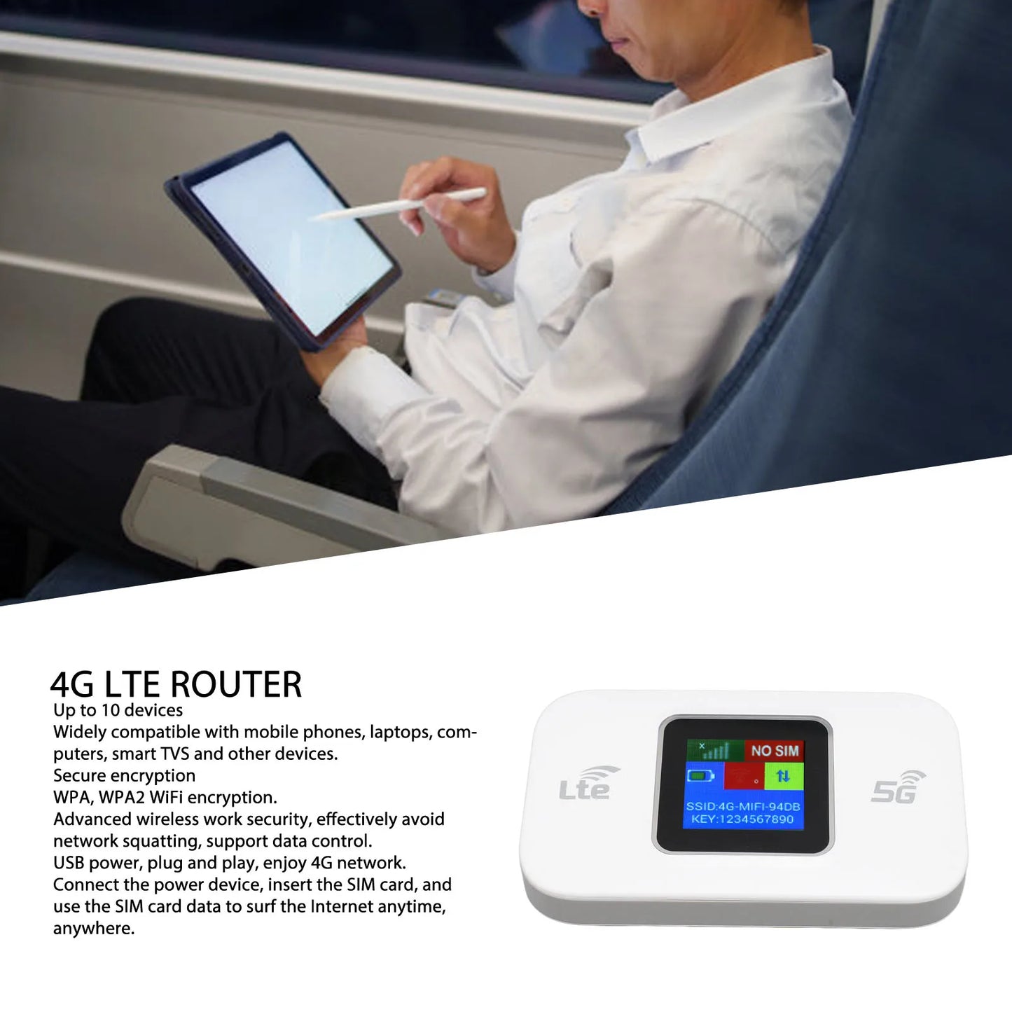 Portable 4G Router 4G LTE WiFi Modem Plug and Play Professional 300Mbps Supports 10 Users Sharing for Tablets for Mobile Phone