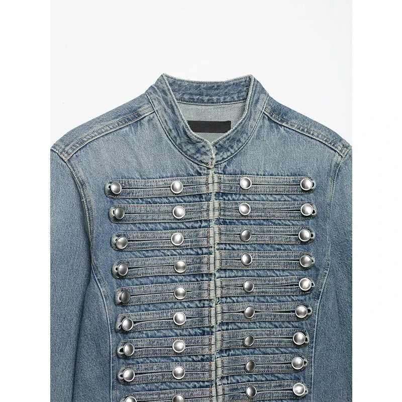YENKYE Women's Cropped Denim Jacket Front Button Frayed Hem Stand Collar Streetwear Coat