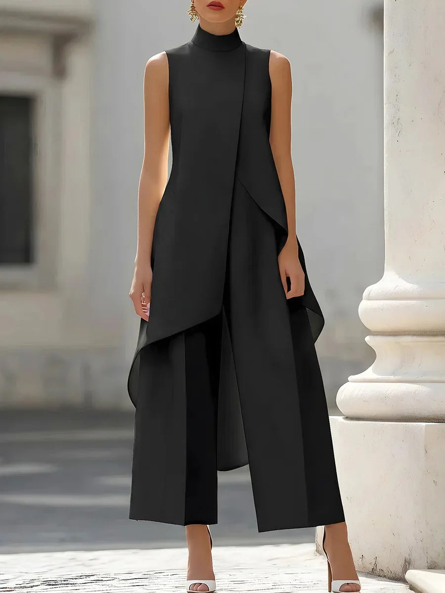 Women High Neck Sleeveless Asymmetric Tunic Wide Leg Pants Set Elegant Formal Business Office Two Piece Outfit