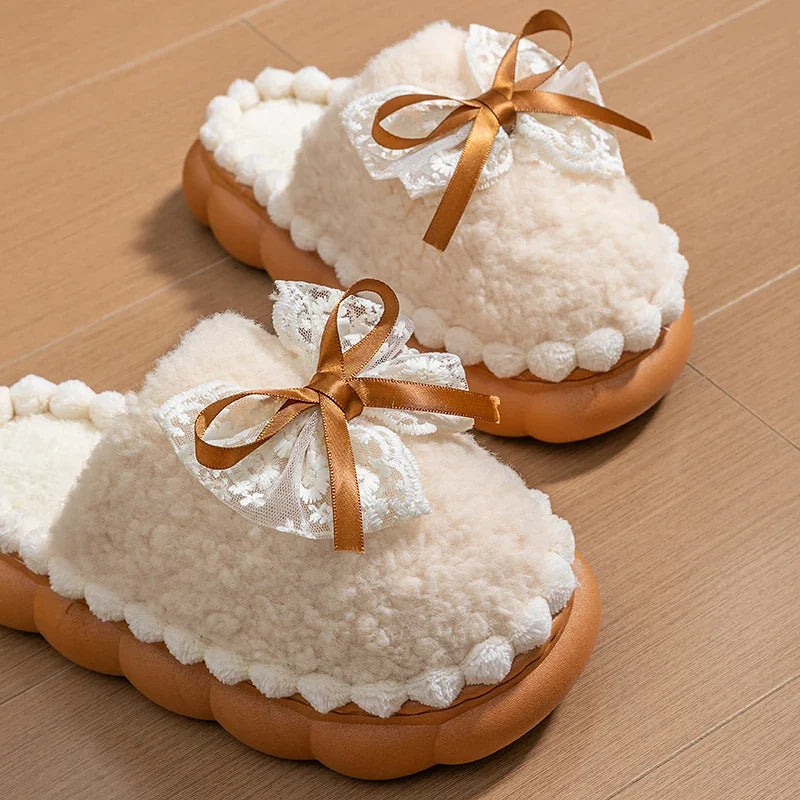 Winter Warm Fur Slippers For Women Thick-Soled Household Slippers Cute Bow Non Slip Soft Home Shoes Indoor Plush Women's Slipper