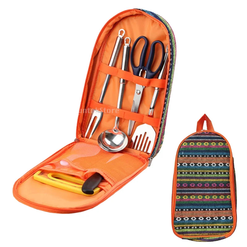 7pcs Camping Kitchen Utensil Set with Carrying Bag BBQ Beach Hiking Travel Organizer Storage Pack Cook Gadgets Equipment Gear