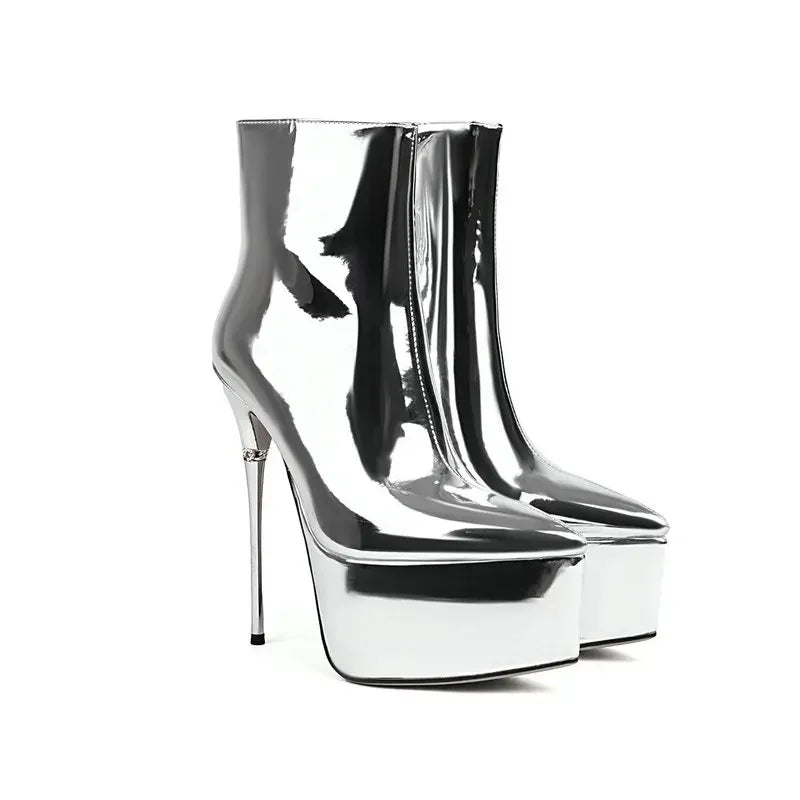 Sexy Patent Leather Shiny Gold Red Pole-dancing Stripper Super Thin High Heels Shoes Trendy Platform Ankle Stiletto Women Boots