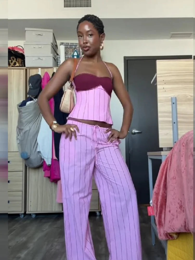 Fashion Striped Sling Pants Set Women Chic Patchwork Lace Up Halter Backless Blouse Suit Summer Holiday Daily Street Outfit 2026