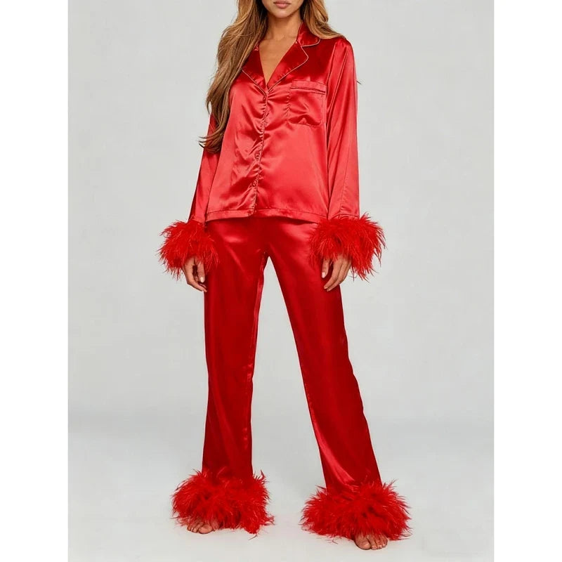Combhasaki Women's Silk Satin Pajamas Set Feather Trim Cuff 2 Piece Loungewear Long Sleeve Button Down Shirt Pants Set Sleepwear