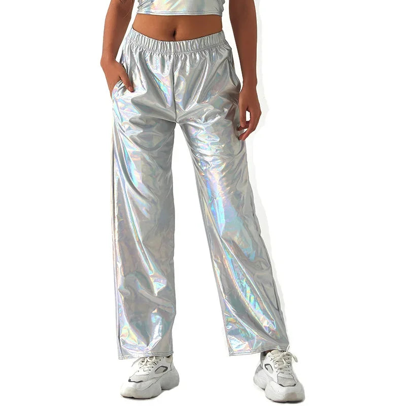 Red Women's Fashion Aurora Laser Gradual Change High Waist Straight Pants, Blue Thin Female Stretch Trousers, 2025 New