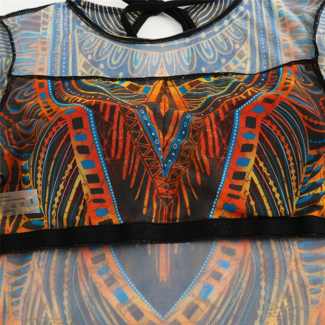 S - XXL Printed Long Sleeve With Sarong One Piece Swimsuit Women Swimwear Female Flowers Padded Bather Bathing Suit Swim K7181